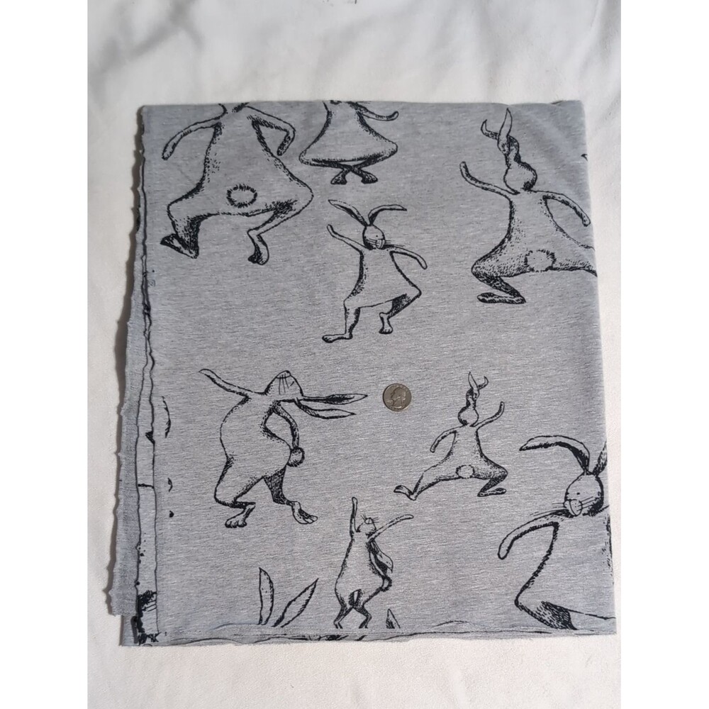 Cotton French Terry Stretch Jersey Fabric 1 Yard Gray Bunny Print